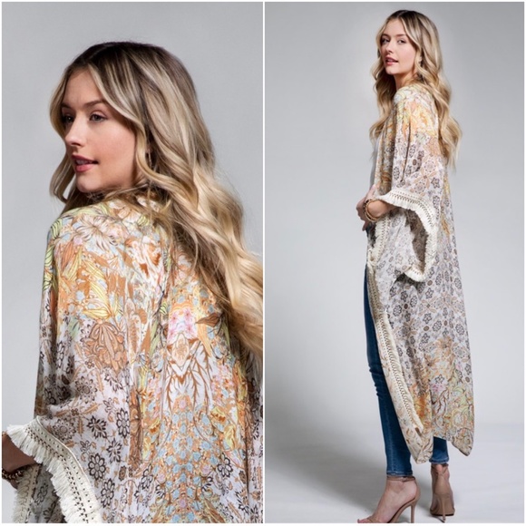Boho Floral Paisley Print Fringe Crochet Long Kimono Beach - Picture 2 of 2